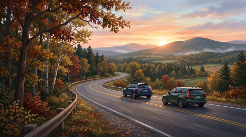 Illustration of I would like images that depict scenic drives throughout Aroostook County with no dirt roads, only paved roads and newer model vehicles should be displayed. I want one or two vehicles per image and the images need to be in different are...