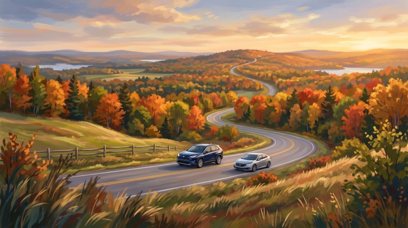 Illustration of I would like images that depict scenic drives throughout Aroostook County with no dirt roads, only paved roads and newer model vehicles should be displayed. I want one or two vehicles per image and the images need to be in different are...
