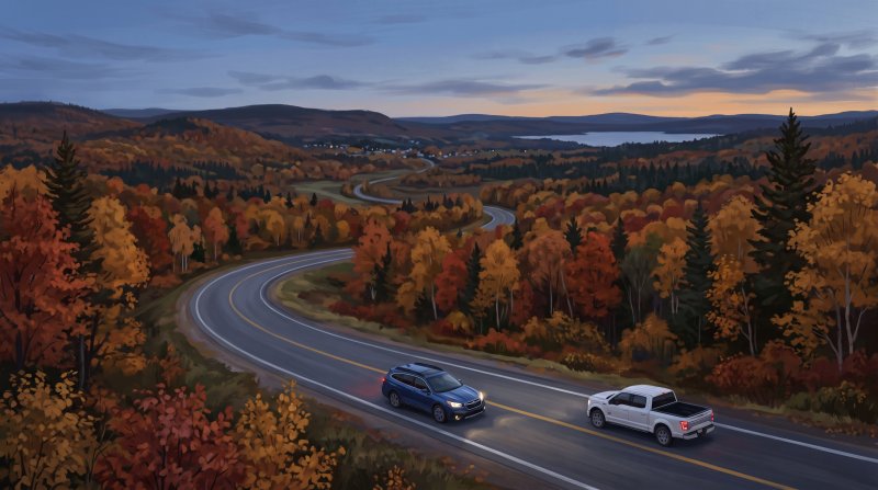 Illustration of I would like images that depict scenic drives throughout Aroostook County with no dirt roads, only paved roads and newer model vehicles should be displayed. I want one or two vehicles per image and the images need to be in different are...