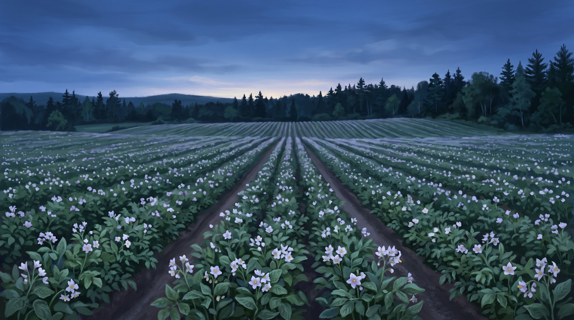Illustration of a wide field of blooming potato plants stretching to a distant treeline in summer