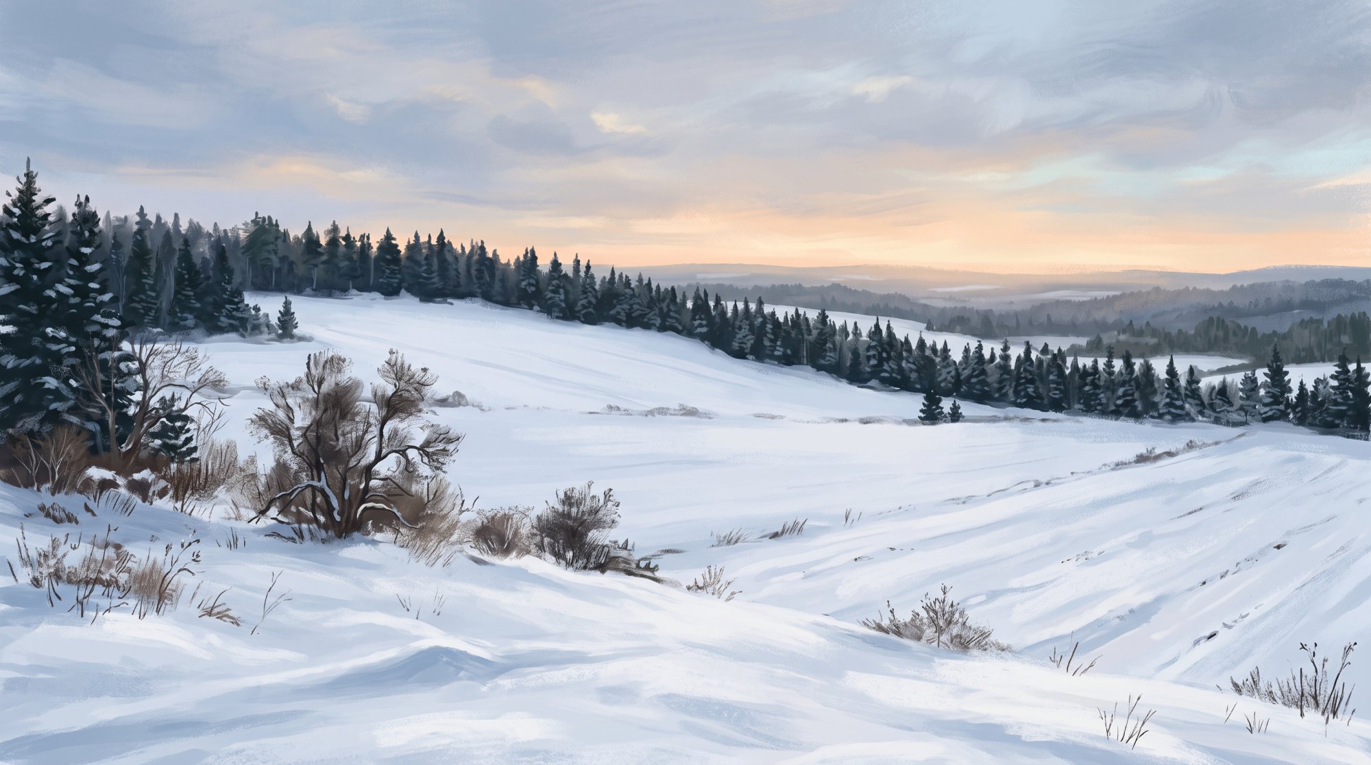 Illustration of a snow-covered farm field at dusk with a long line of evergreens and a faint glow on the horizon in winter