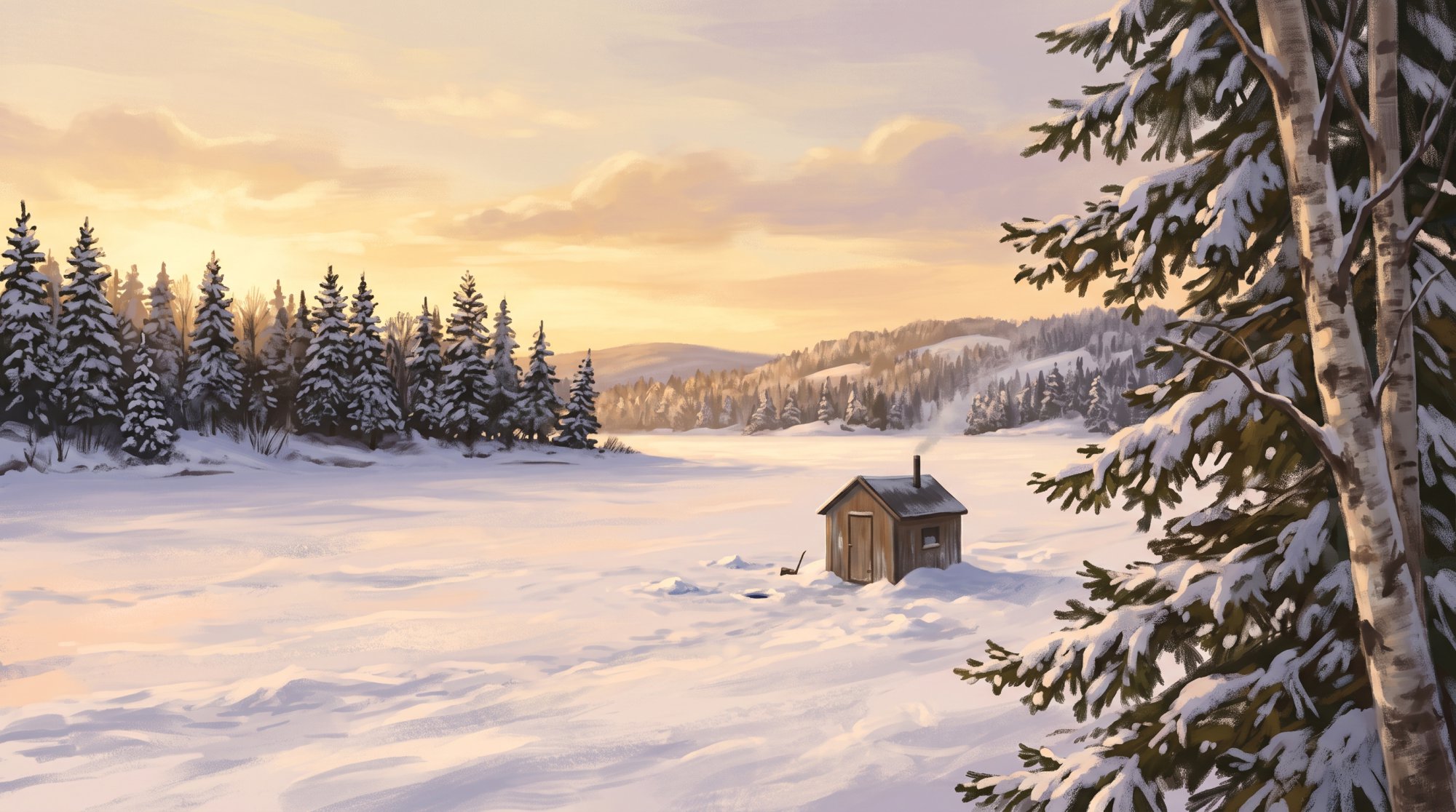 Illustration of a frozen lake under a pale winter sky with a small ice-fishing shanty and a line of snowy spruce in winter