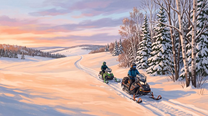 Illustration of I would like images that depict authentic Snowmobiling in Aroostook County Maine. I want each image to depict a different scene based on Snowmobiling in the season I have selected. The images need to depict modern snowmobiling in Aroost...