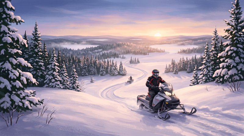 Illustration of I would like images that depict authentic Snowmobiling in Aroostook County Maine. I want each image to depict a different scene based on Snowmobiling in the season I have selected. The images need to depict modern snowmobiling in Aroost...