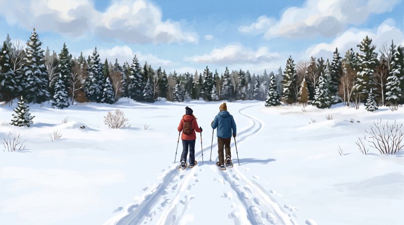 Illustration of I would like an image depicting a couple snowshoeing in an open field with a wooded treeline ahed of them as they snowshoe towards the woods. I want the image from their back and slightly overhead