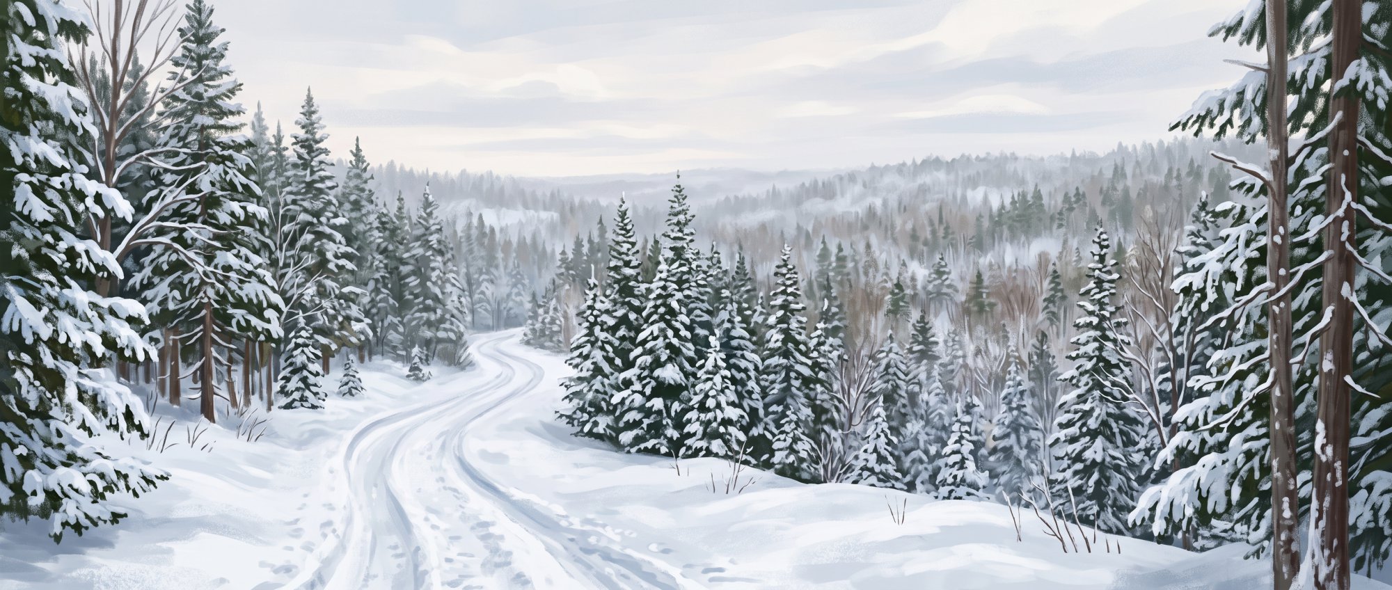 Illustration of a snow-covered forest trail between spruce and fir with soft morning light in winter