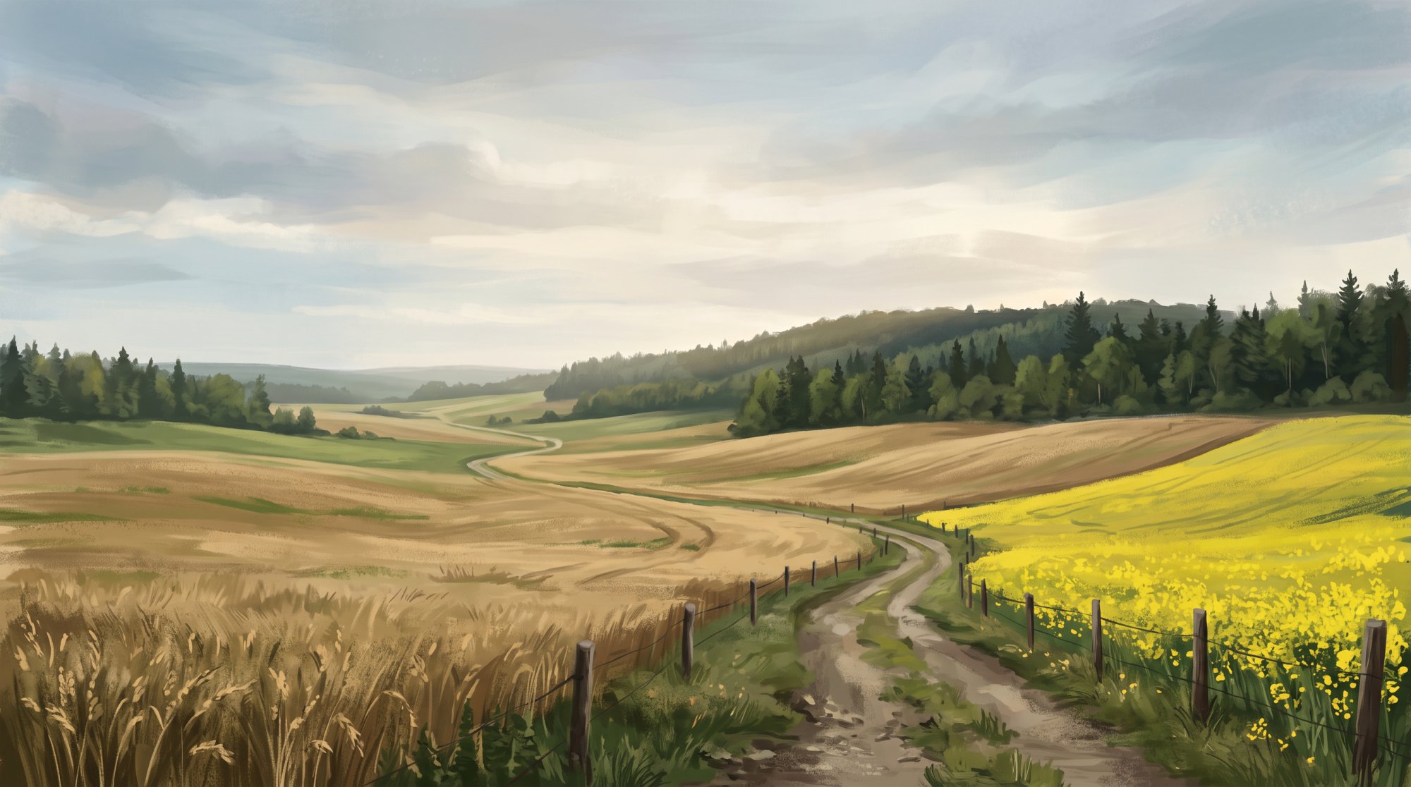 Illustration of rolling fields of golden grain and canola under a wide sky with a distant wooded ridge in summer
