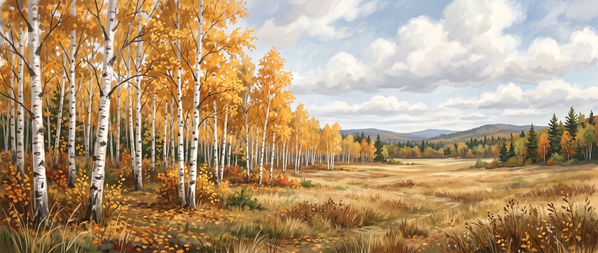 Illustration of a grove of white birch trees with golden leaves beside an open field in fall