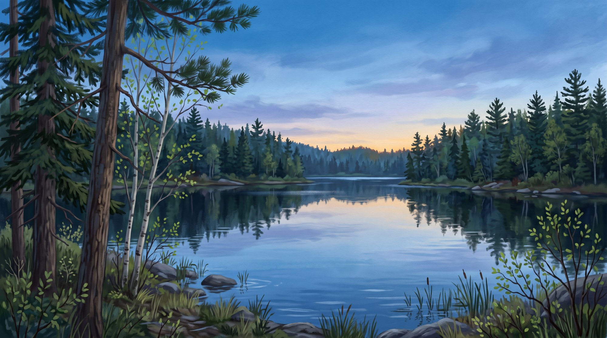 Illustration of a calm lake ringed by spruce and pine trees at the edge of a north woods forest in spring