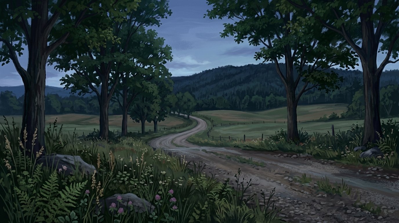 Illustration of a quiet country road lined with maple trees between open farm fields and a wooded ridge in summer