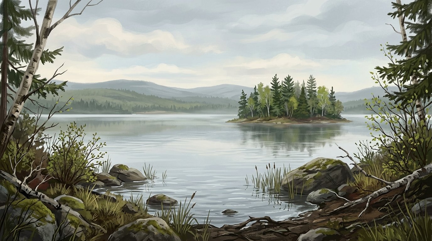 Illustration of a wide lake with a small wooded island and distant hills under a soft sky in spring