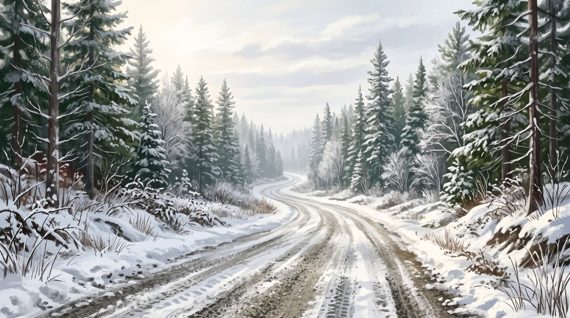 Illustration of a gravel woods road disappearing into a tall evergreen forest in winter