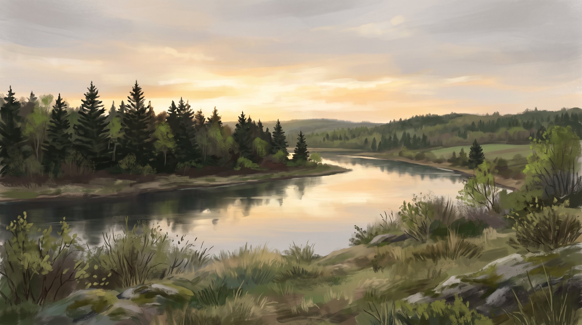 Illustration of a calm river reflecting a glowing evening sky, with dark spruce along the far bank in spring