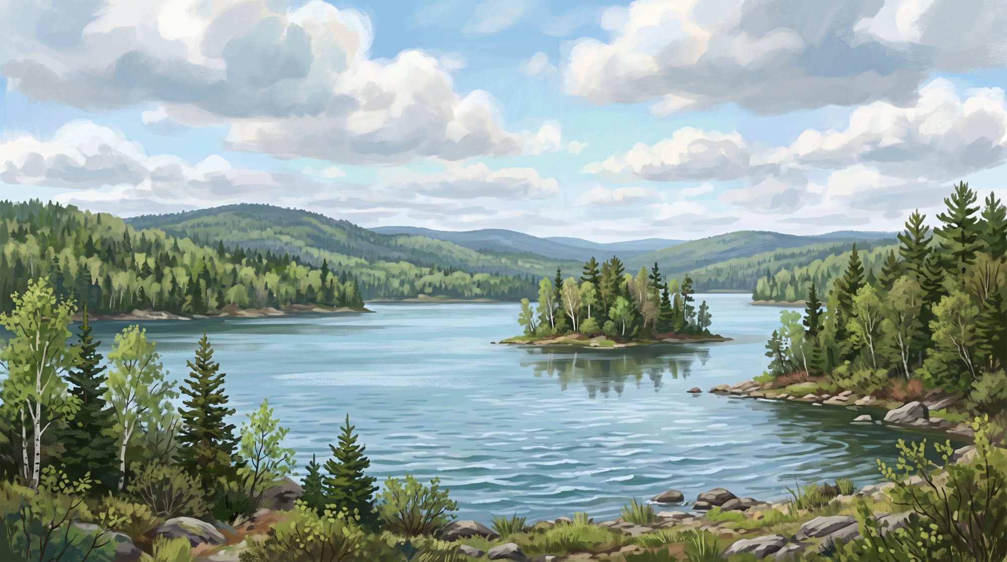 Illustration of a wide lake with a small wooded island and distant hills under a soft sky in spring