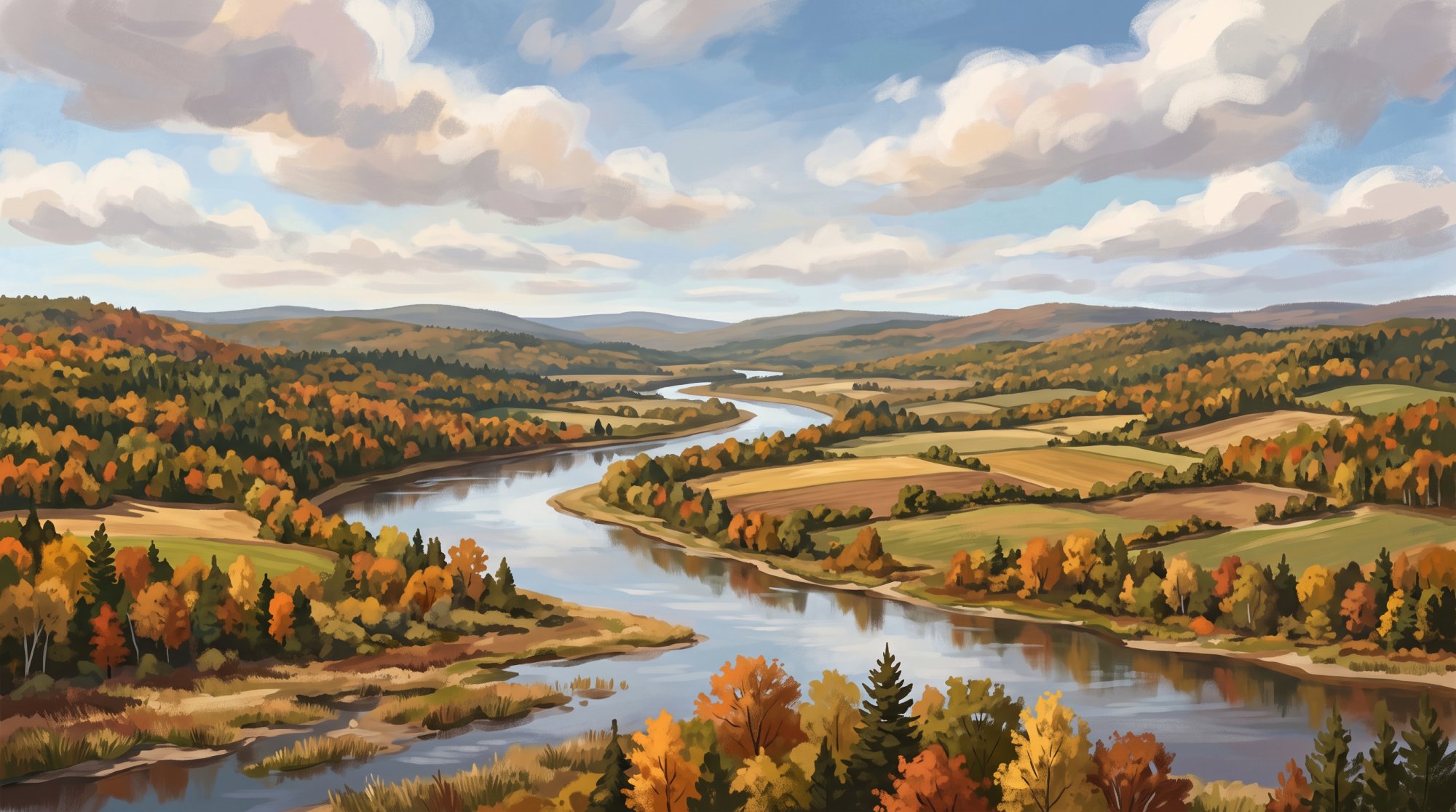 Illustration of a broad, quiet river winding through a valley of farmland and low rolling hills in fall