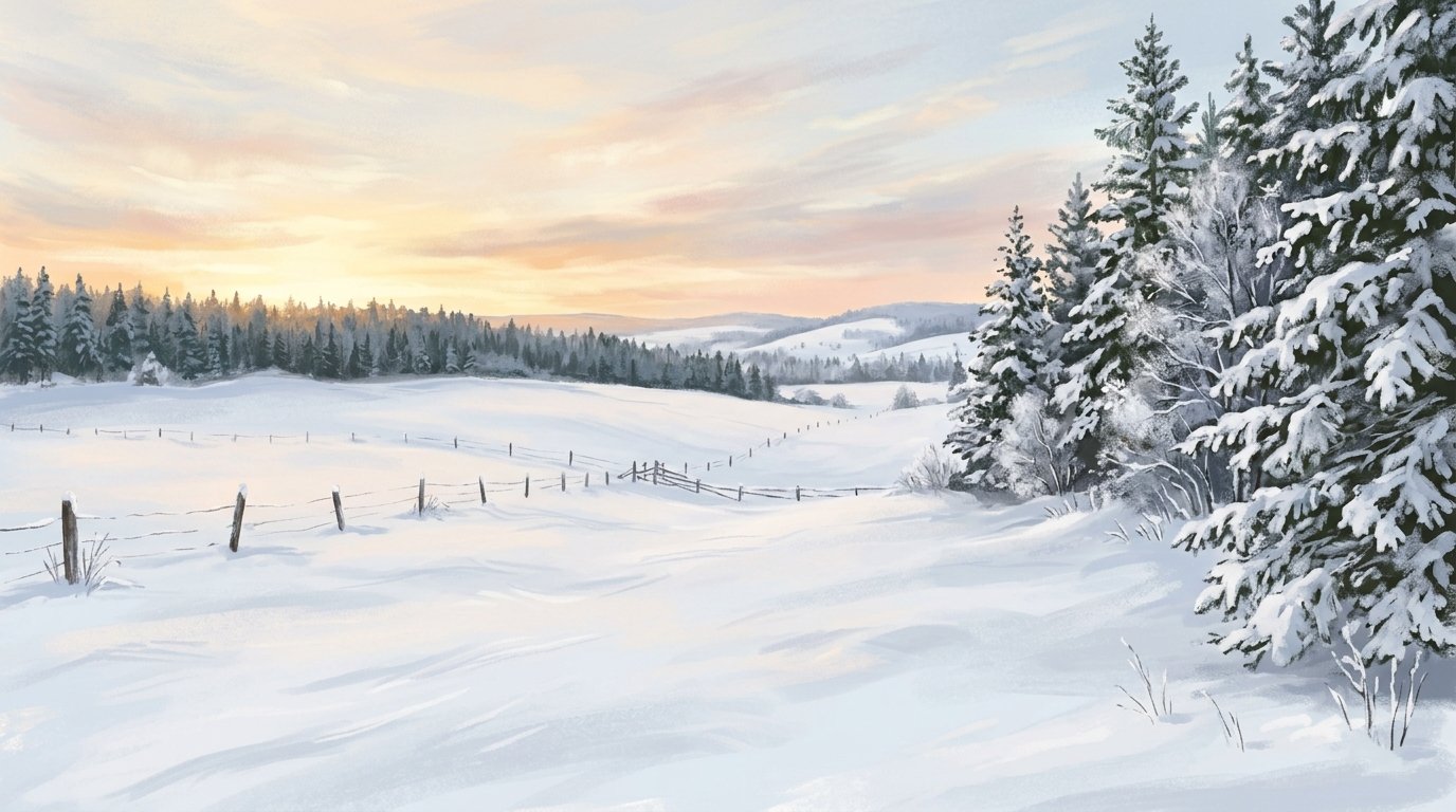 Illustration of a snow-covered farm field at dusk with a long line of evergreens and a faint glow on the horizon in winter