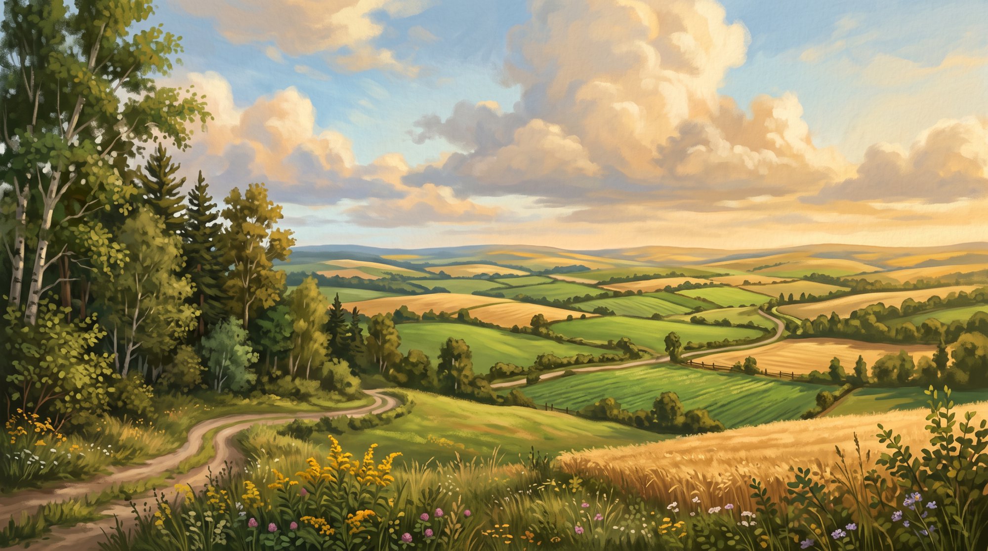 Illustration of open rolling farmland under dramatic clouds with a patchwork of green and gold fields in summer