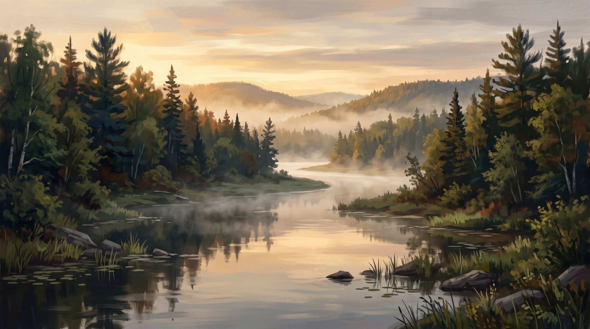 Illustration of a still river with mist rising from the water between forested banks in summer
