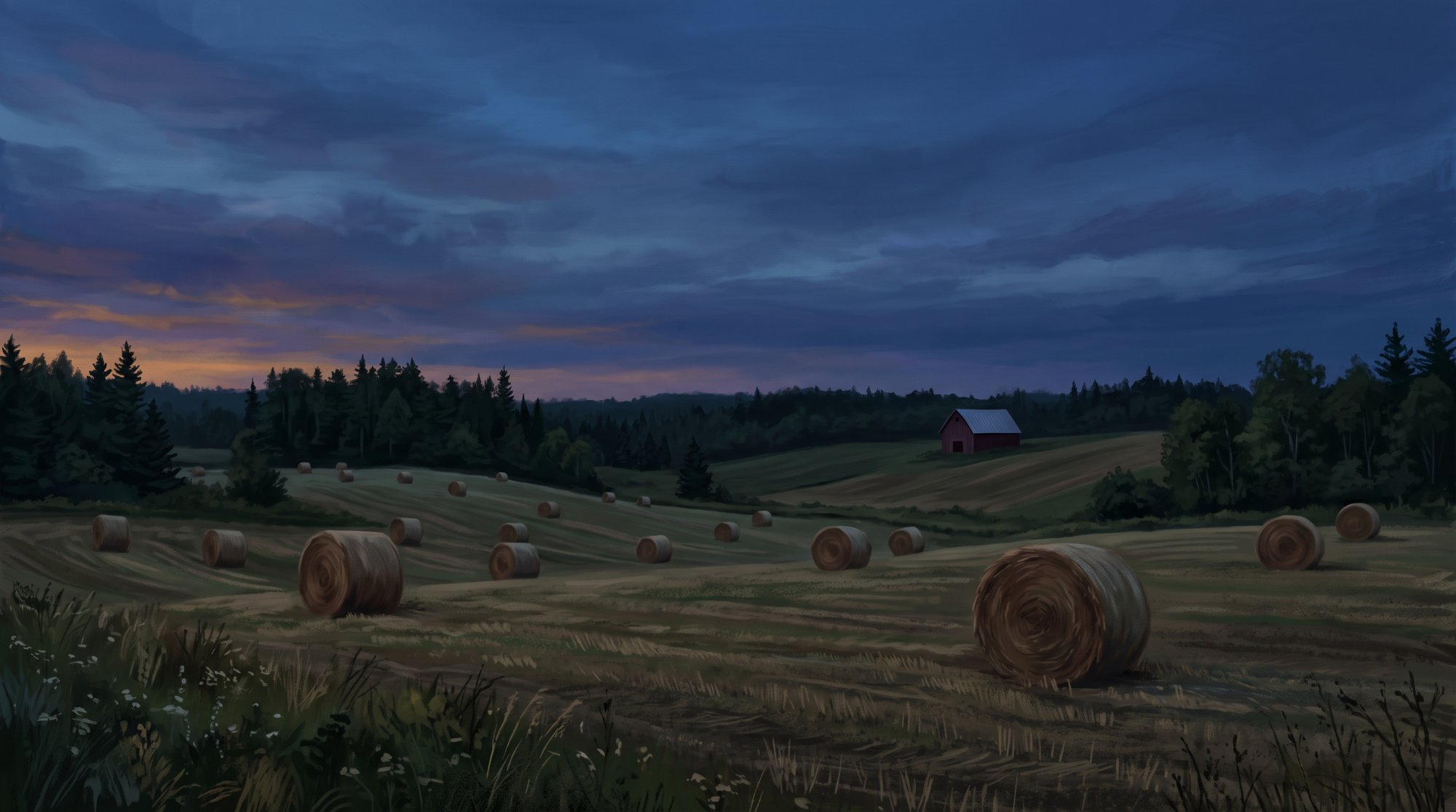 Illustration of a hayfield with round bales and a small distant barn under a big sky in summer