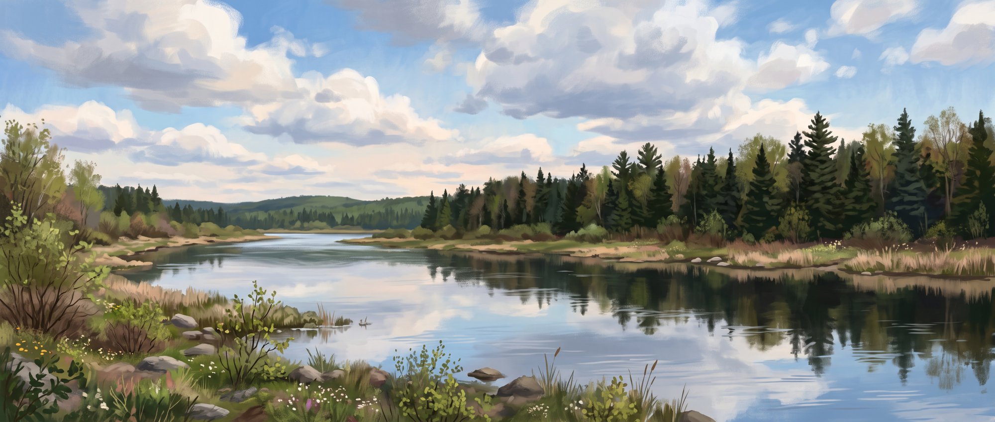 Illustration of a calm river reflecting a glowing evening sky, with dark spruce along the far bank in spring