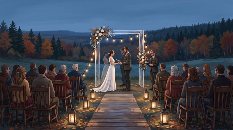 Illustration of I would like images that depict authentic Weddings in Aroostook County Maine. I want each image to depict a different scene based on Weddings in the season I have selected. The images need to depict modern times and both inside and outs...