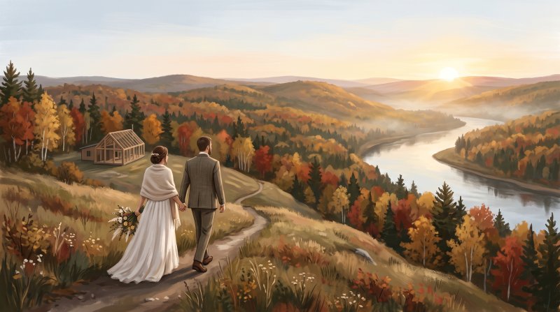 Illustration of I would like images that depict authentic Weddings in Aroostook County Maine. I want each image to depict a different scene based on Weddings in the season I have selected. The images need to depict modern times and both inside and outs...