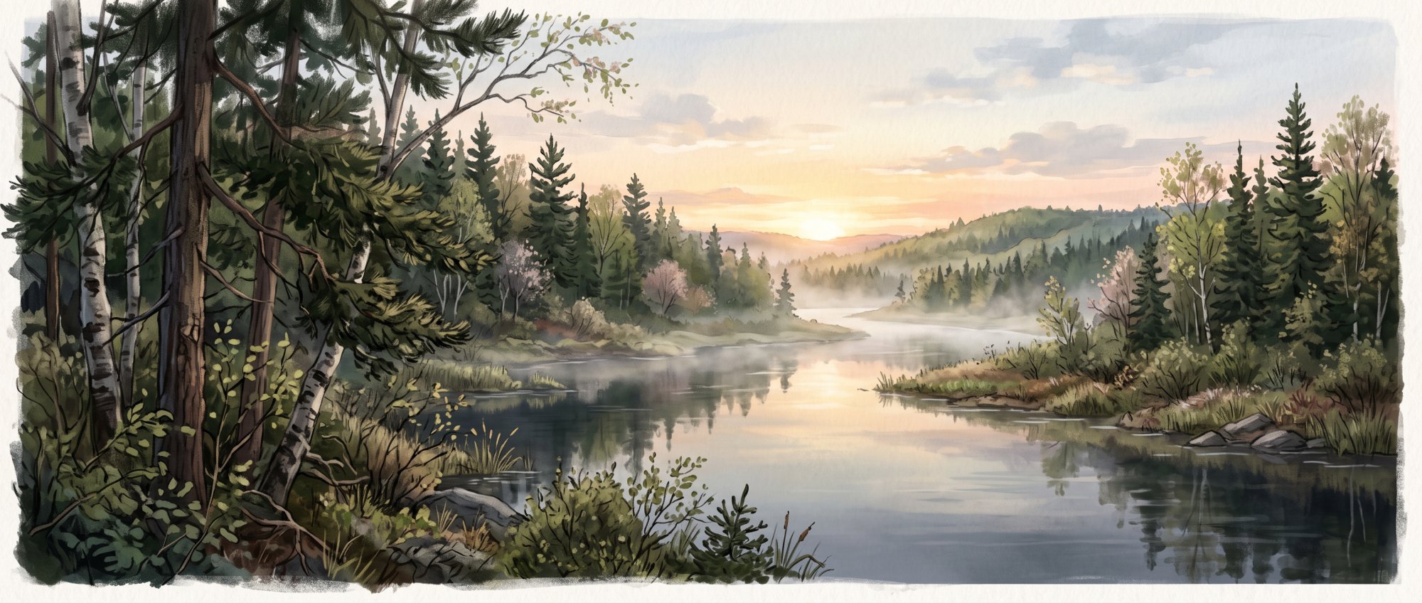 Illustration of a still river with mist rising from the water between forested banks in spring