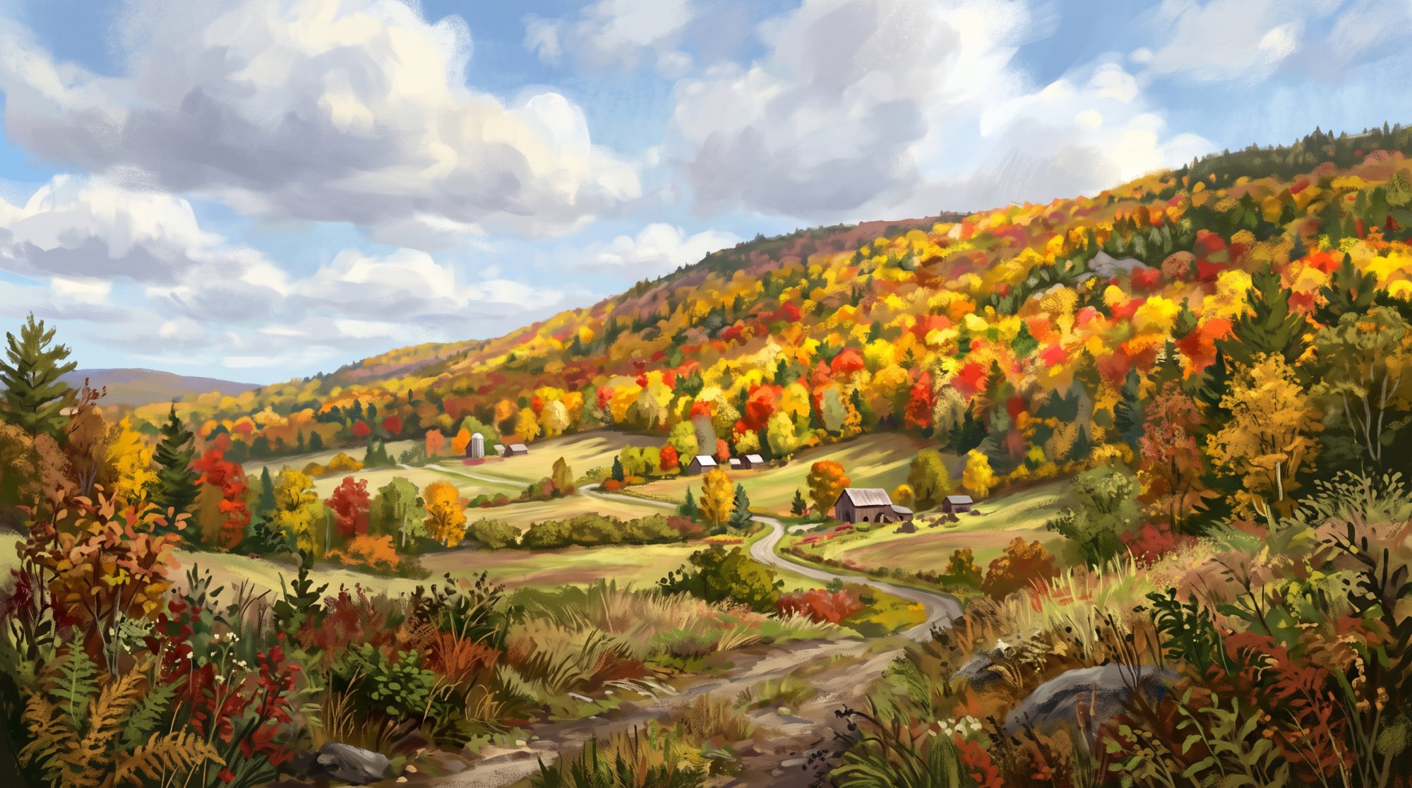 Illustration of a wooded hillside glowing with red and gold autumn maples above a small valley in fall