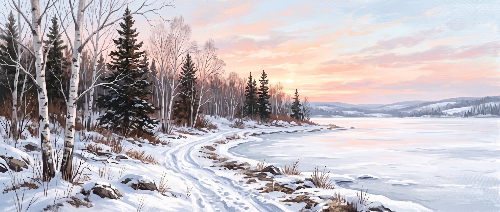 Illustration of a snow-covered lake shore with bare birches and dark spruce under a pale winter sky in winter