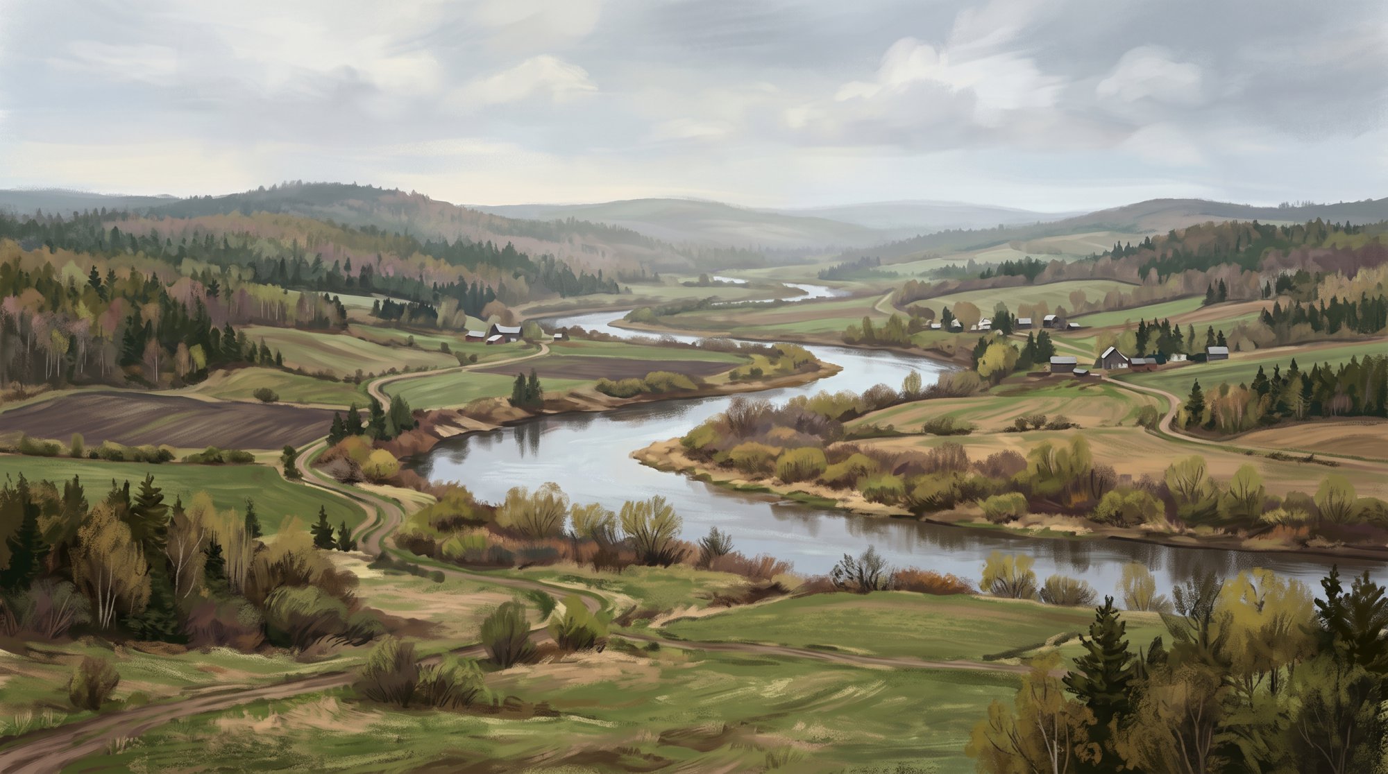Illustration of a broad, quiet river winding through a valley of farmland and low rolling hills in spring