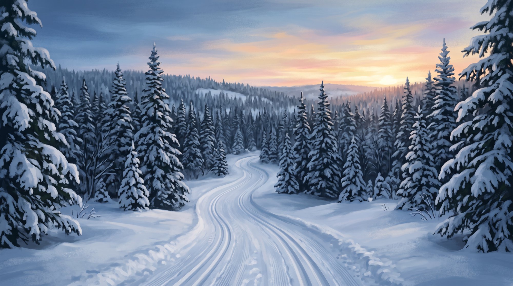 Illustration of a snow-covered spruce forest with a groomed trail winding between the trees in winter