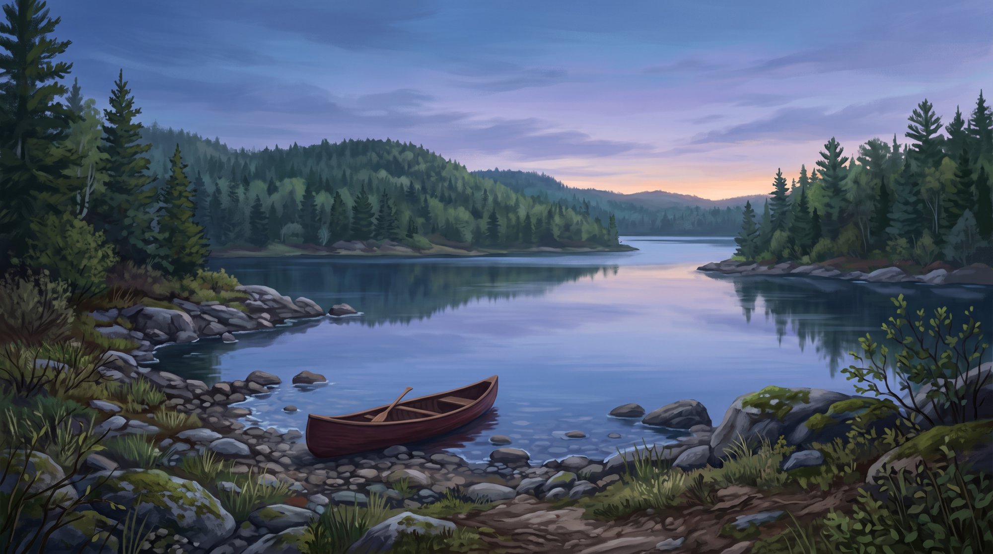Illustration of a quiet lake at dawn with a canoe resting on a rocky shore and spruce trees behind in spring