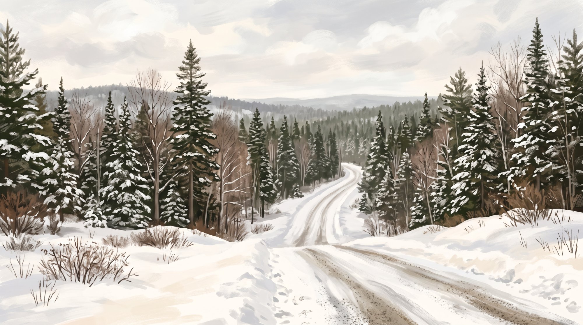 Illustration of a gravel woods road disappearing into a tall evergreen forest in winter