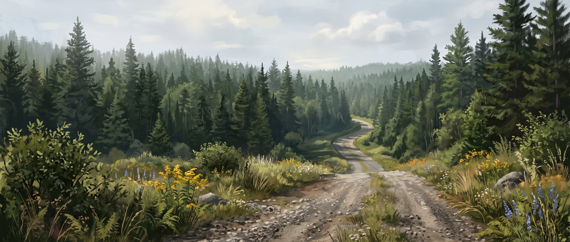 Illustration of a gravel woods road disappearing into a tall evergreen forest in summer